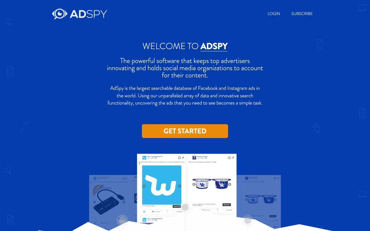 AdSpy homepage, Facebook and Instagram ad archive