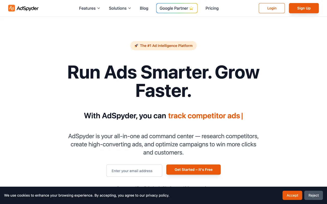 AdSpyder homepage, competitor ads and landing page monitoring