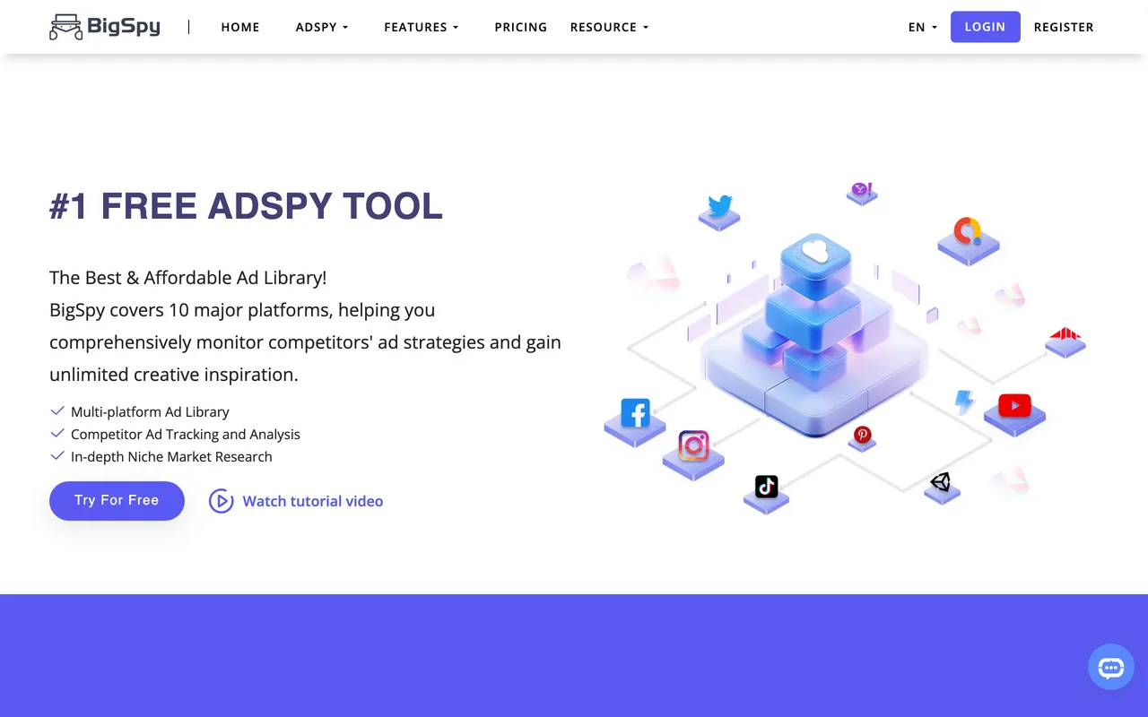 BigSpy homepage, multi-network ad database