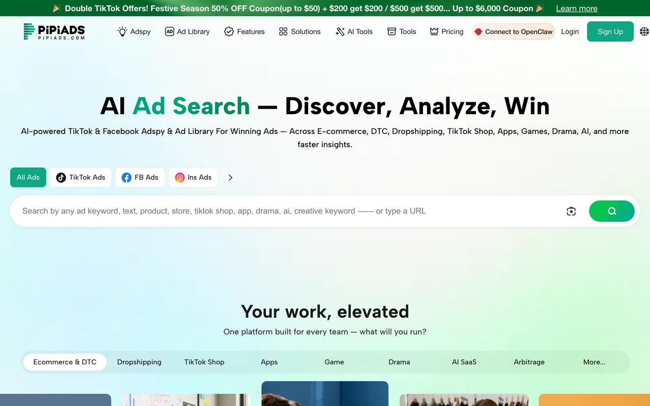 PiPiADS homepage, TikTok ad spy library