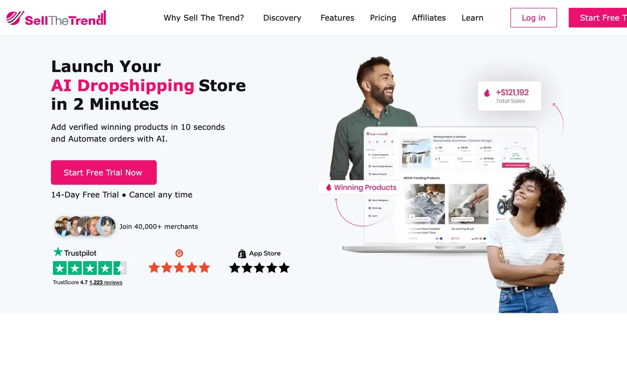 Sell The Trend homepage, product research and store tools