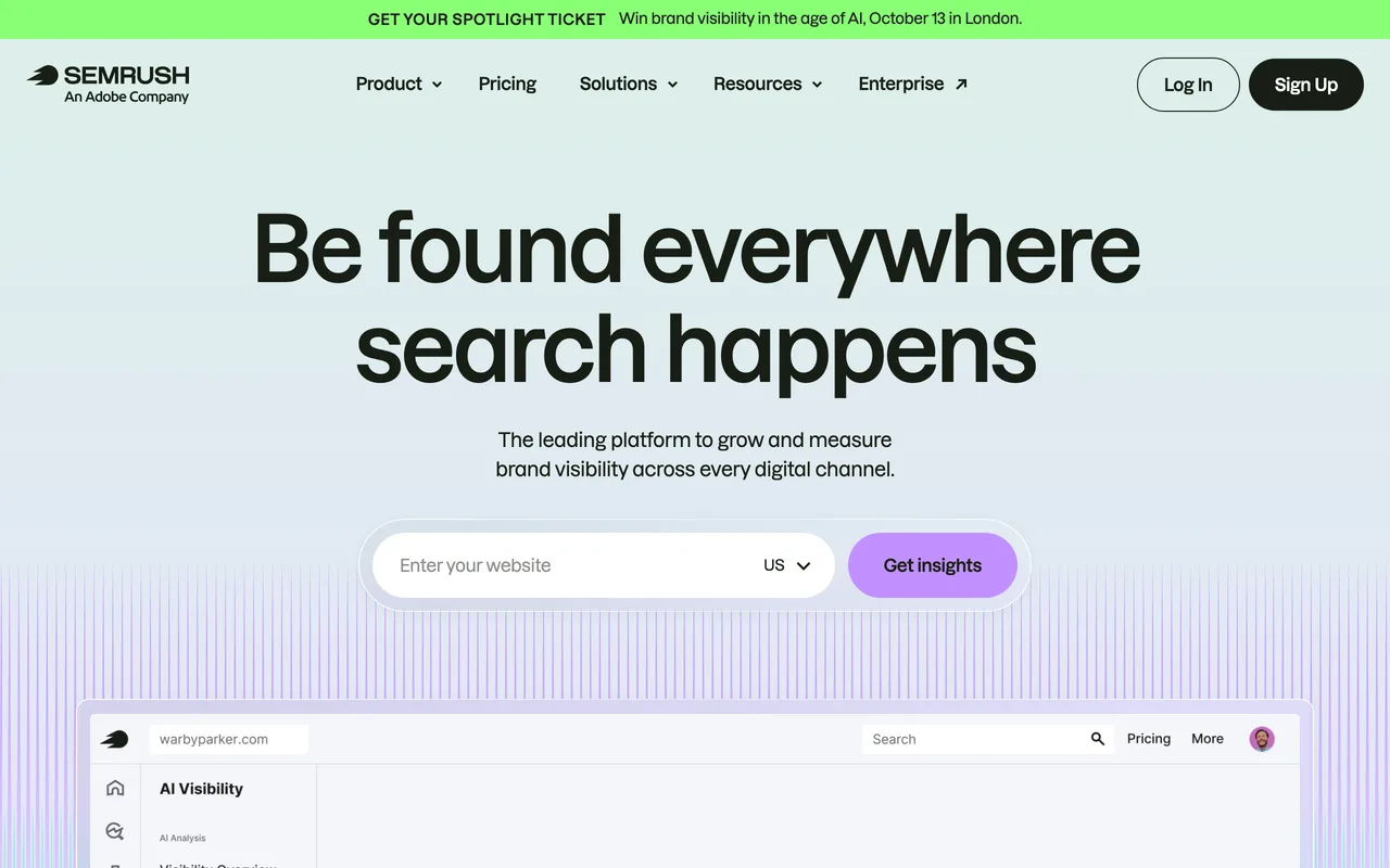 SEMrush homepage, competitor PPC and SEO research