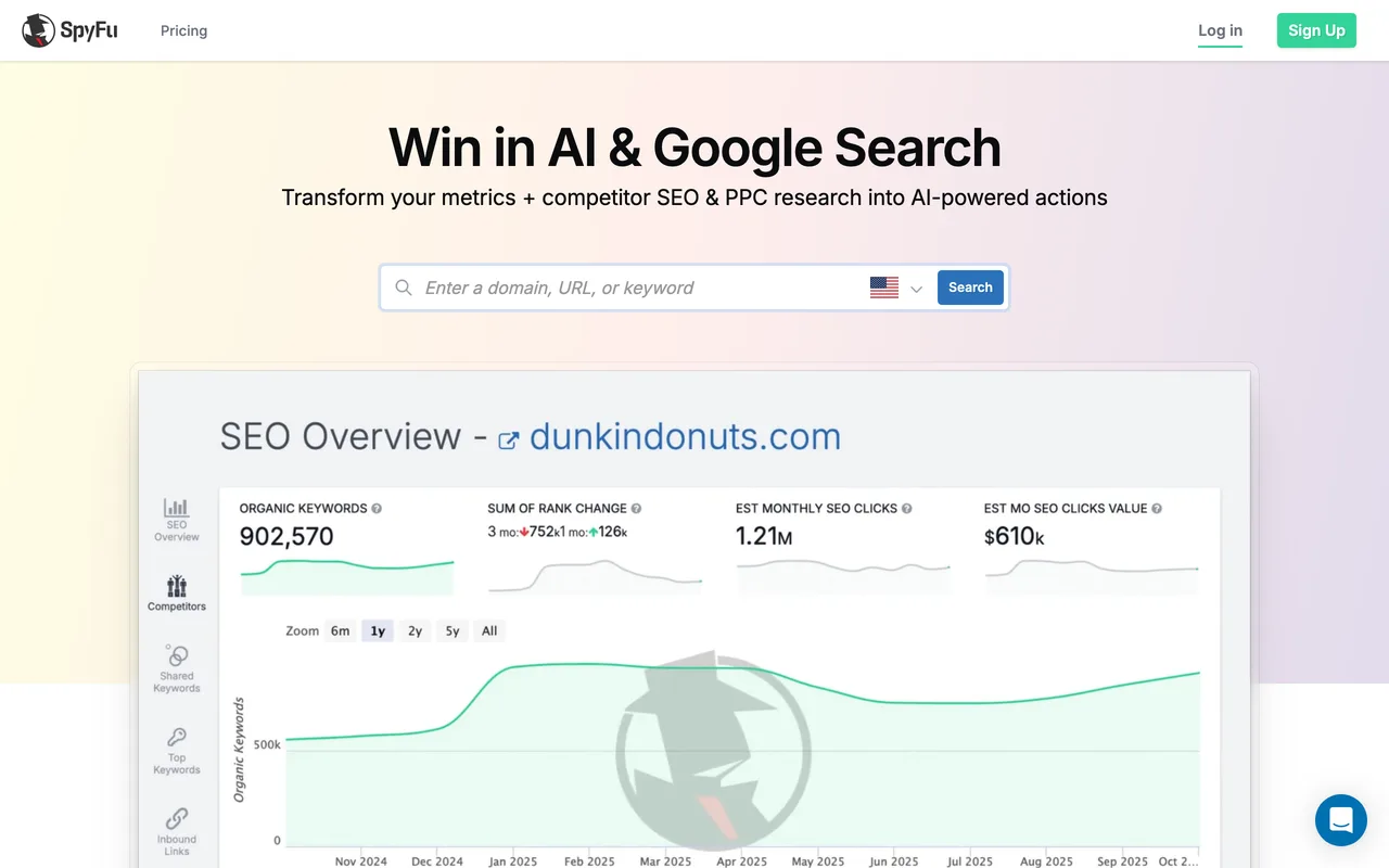 SpyFu homepage, Google Ads keyword and copy history