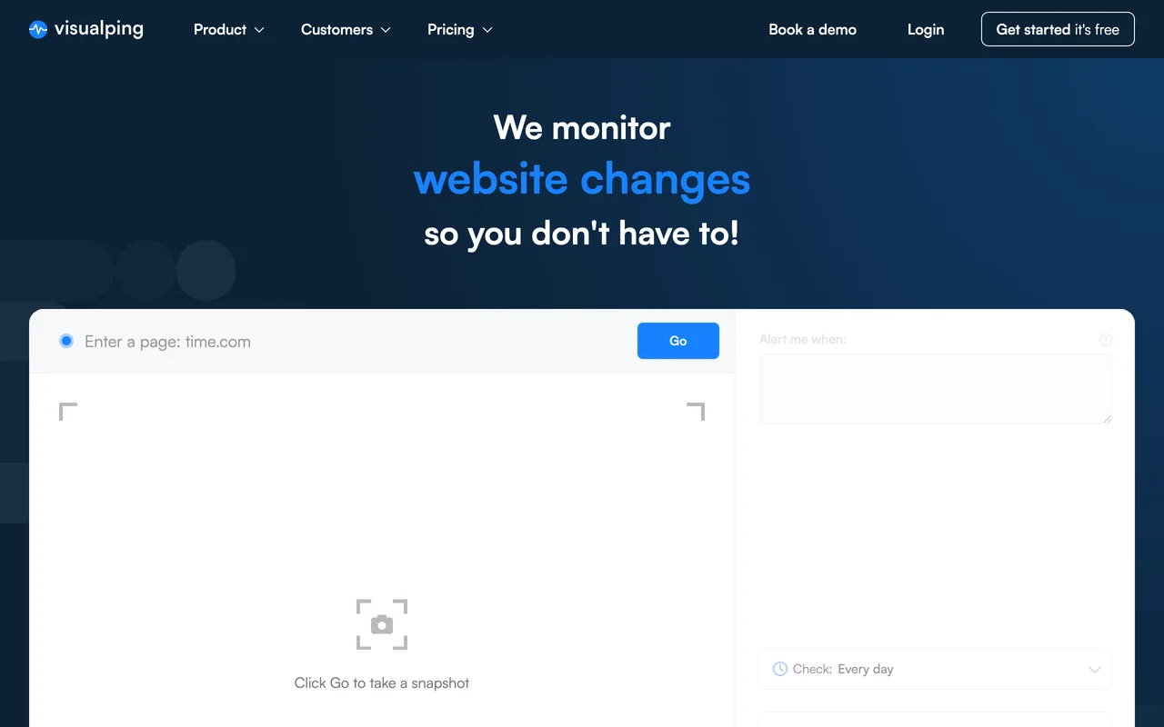 Visualping homepage, web page change monitoring